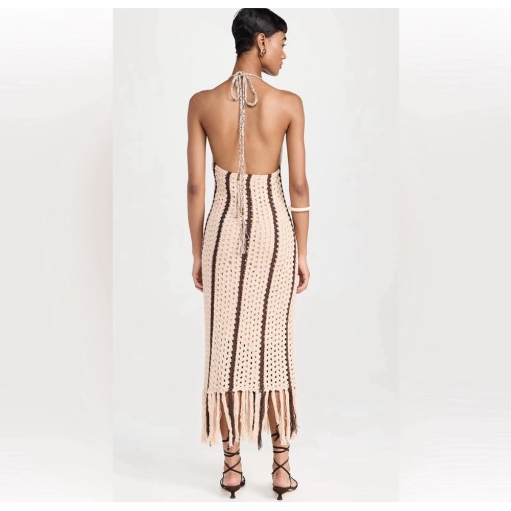Moon River‎ Brown Tan Striped Fringe Halter Sleeveless Midi Dress Boho Size S - Picture 2 of 4